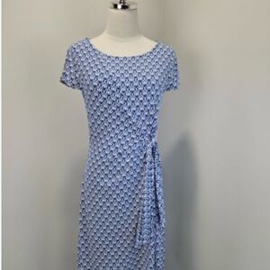 Talbots M DRESS Blue White Jersey Sheath Side Tie Faux Wrap Stretch Shift P42
